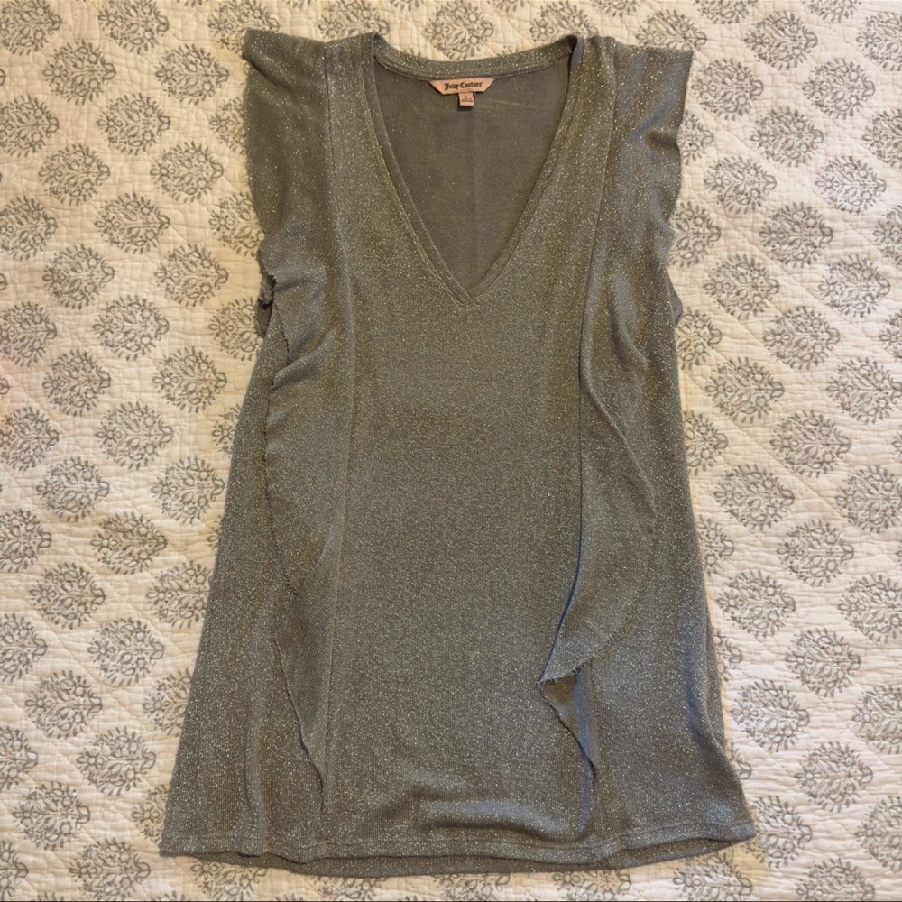 Juicy Couture Sleeveless Ruffles Sparkle Sweater Top Gray & Silver Size L